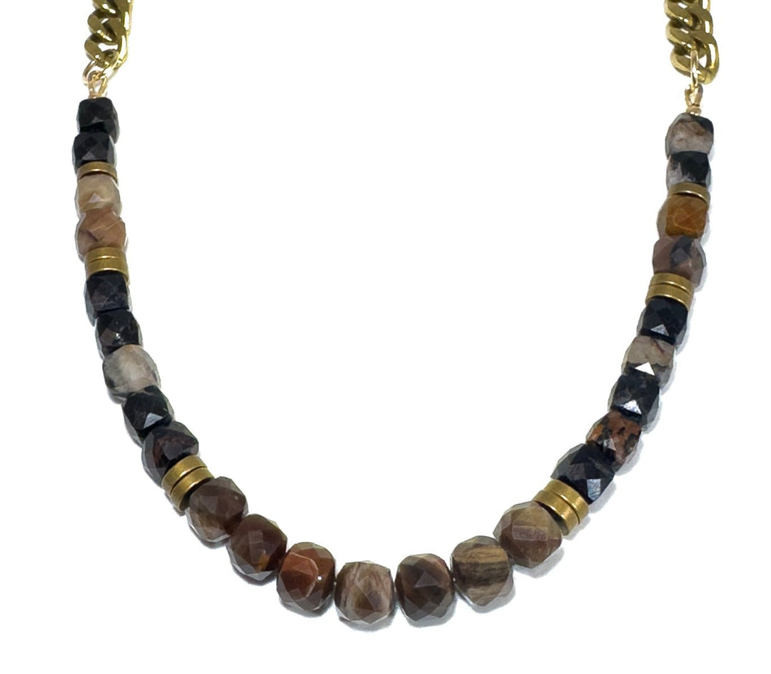 Rachel Nathan Beads & Chain Necklace Petrified Wood & Black Tourmaline - eloise boutique
