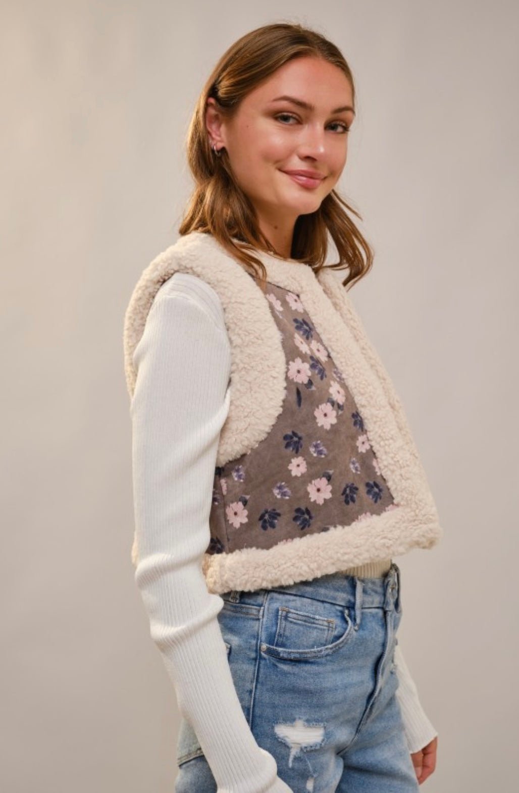 Sherpa Lining Flower Print Faux Suede Vest - eloise boutique