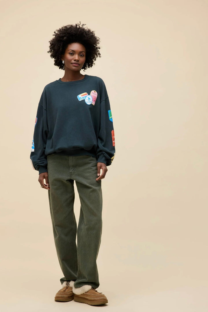 SKI PATCH &amp; PASS COLLECTOR OVERSIZED CREW SWEATSHIRT - eloise boutique