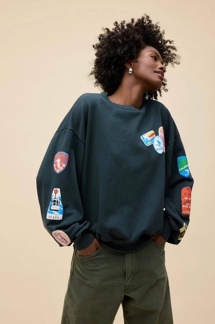 SKI PATCH &amp; PASS COLLECTOR OVERSIZED CREW SWEATSHIRT - eloise boutique