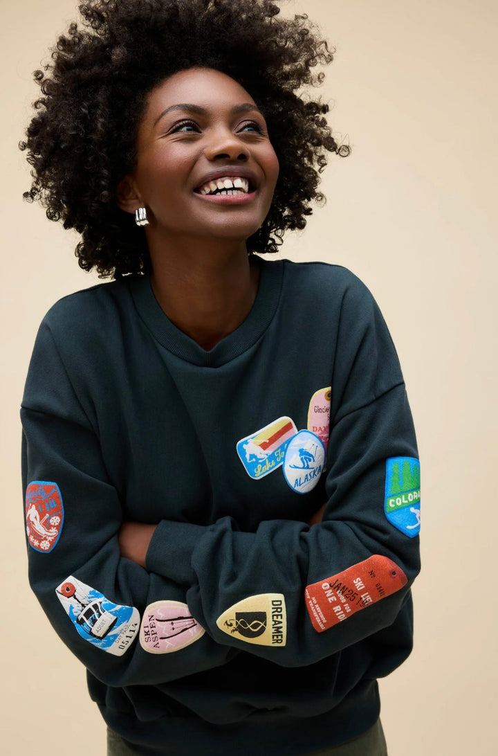 SKI PATCH &amp; PASS COLLECTOR OVERSIZED CREW SWEATSHIRT - eloise boutique