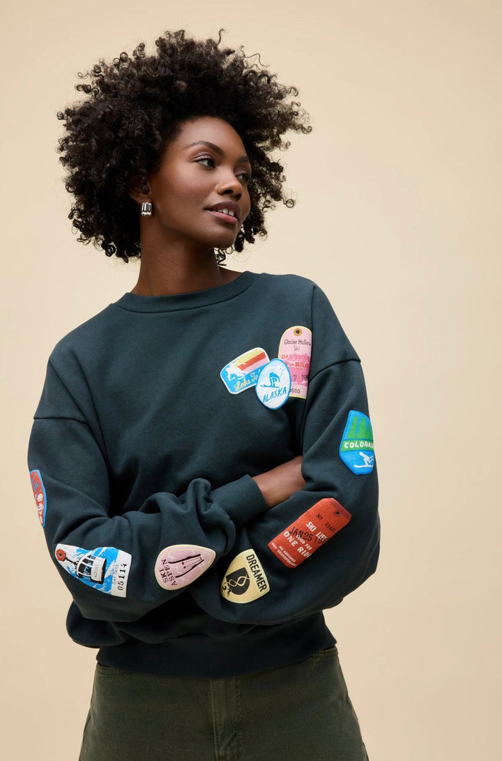SKI PATCH &amp; PASS COLLECTOR OVERSIZED CREW SWEATSHIRT - eloise boutique