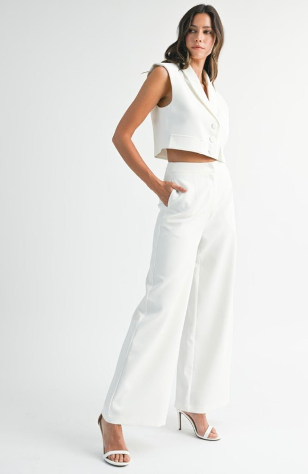 Sleeveless Collar Vest and Wide Pant Set - eloise boutique
