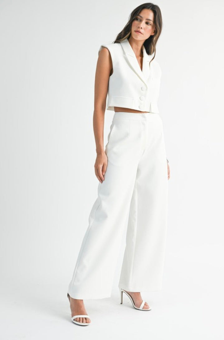 Sleeveless Collar Vest and Wide Pant Set - eloise boutique