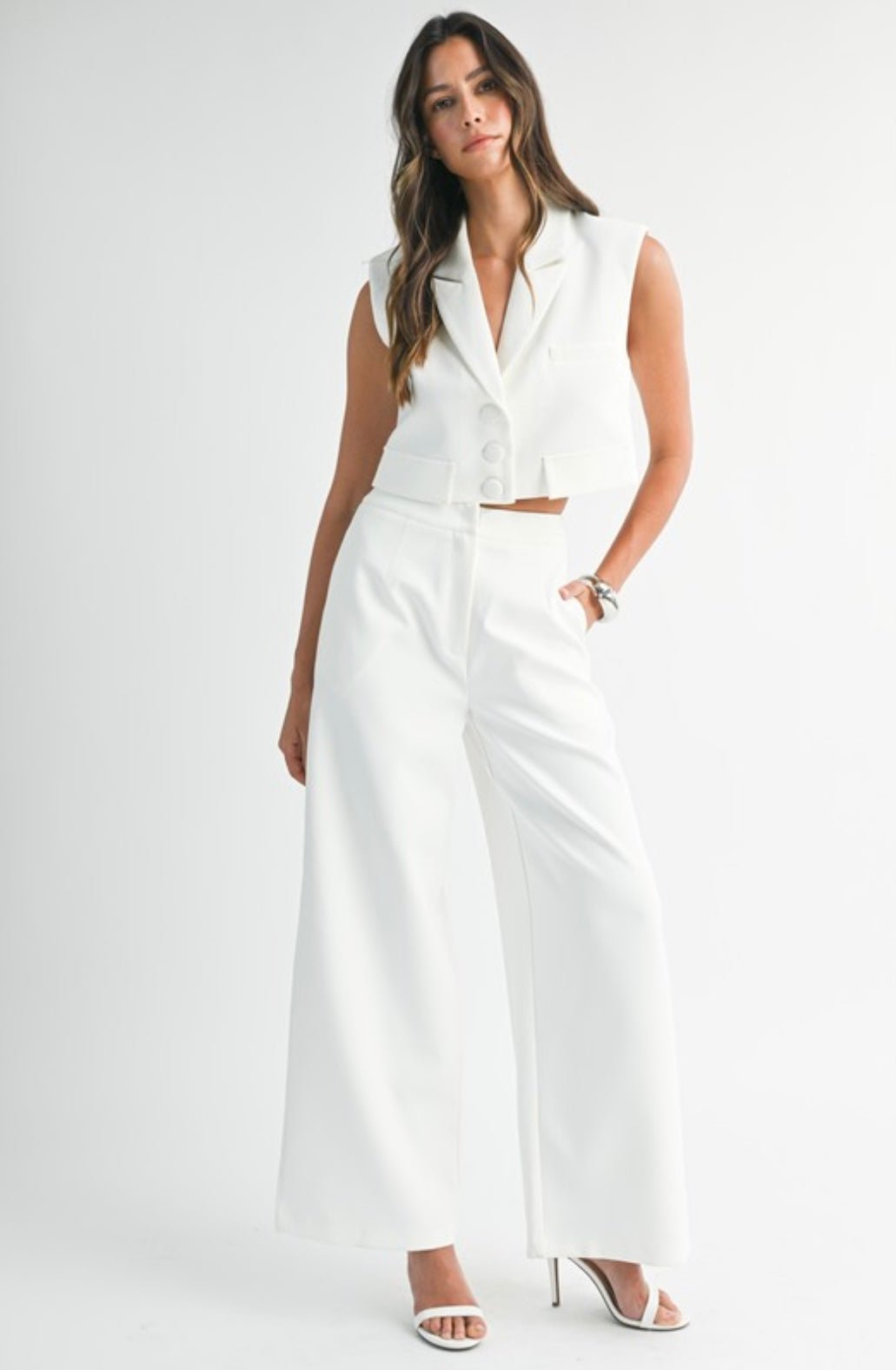 Sleeveless Collar Vest and Wide Pant Set - eloise boutique