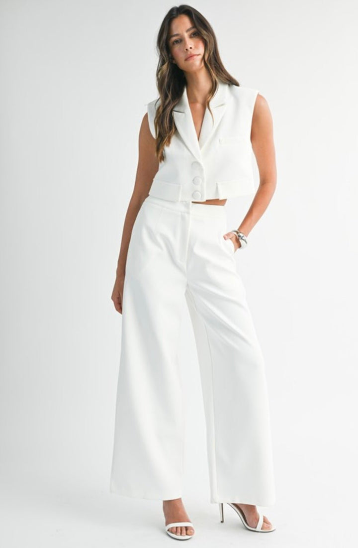 Sleeveless Collar Vest and Wide Pant Set - eloise boutique