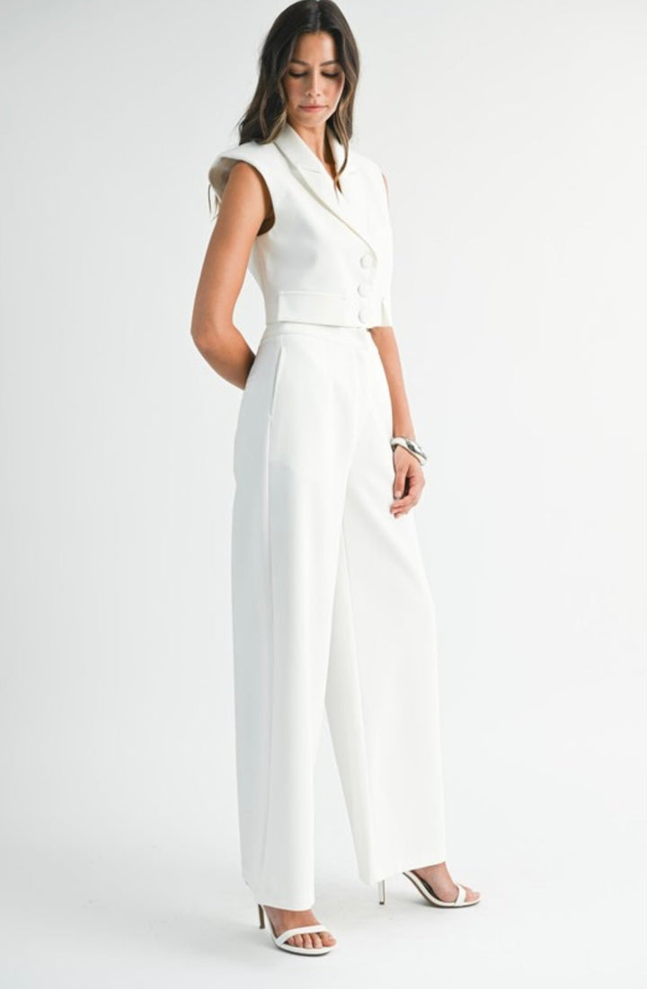 Sleeveless Collar Vest and Wide Pant Set - eloise boutique