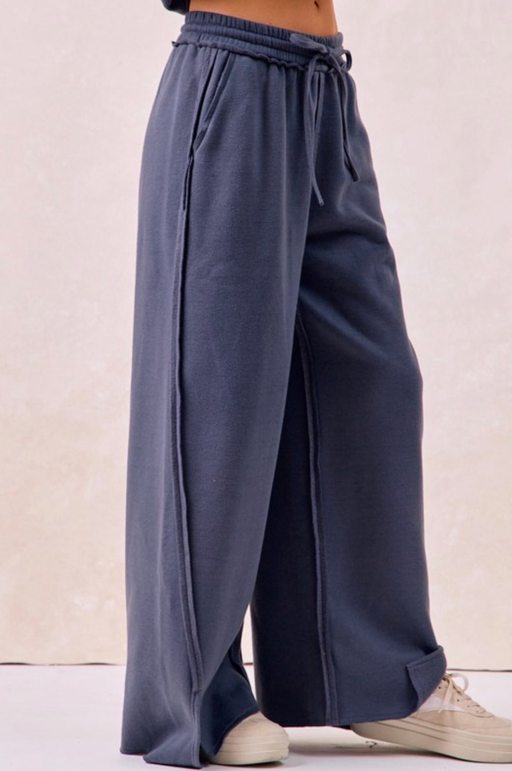 Solid French Terry Pant With Cut Edge Detail - eloise boutique
