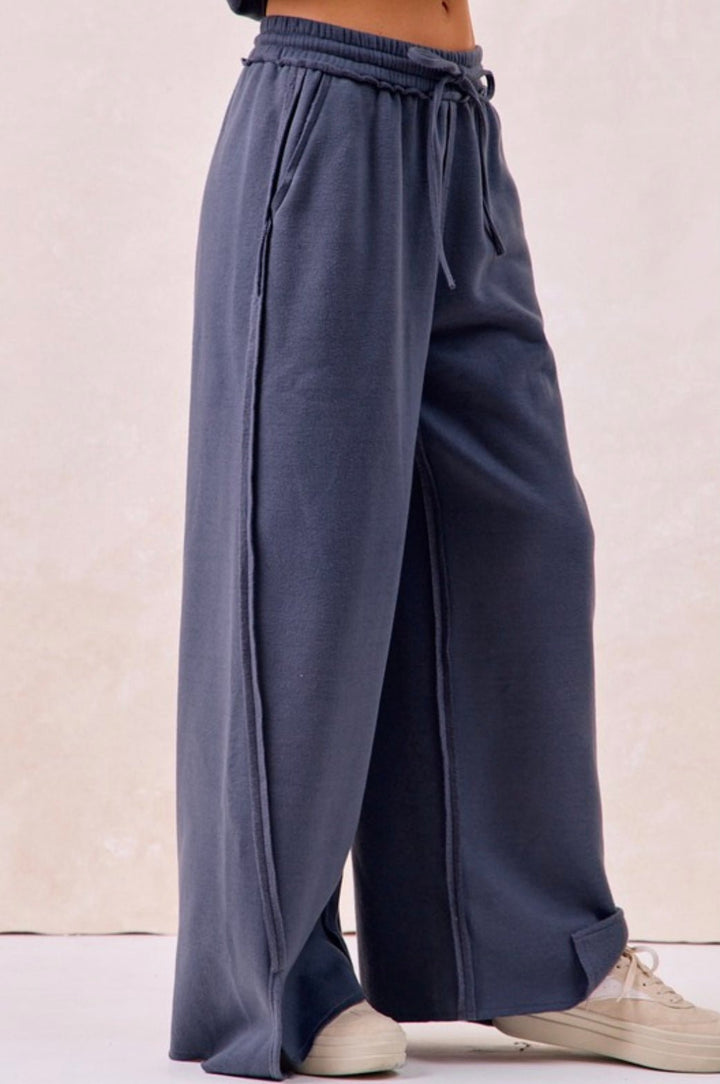 Solid French Terry Pant With Cut Edge Detail - eloise boutique
