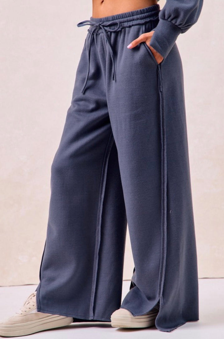 Solid French Terry Pant With Cut Edge Detail - eloise boutique