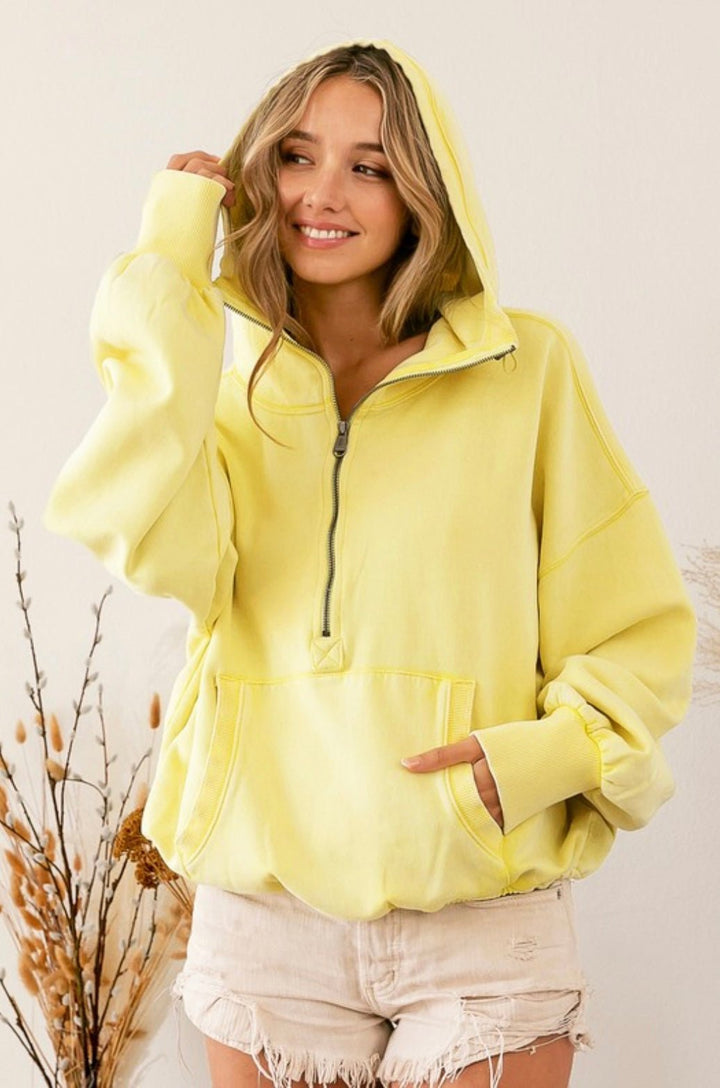 Stitch Detailed Elastic Hem Half Zip Fleece Hoodie - eloise boutique