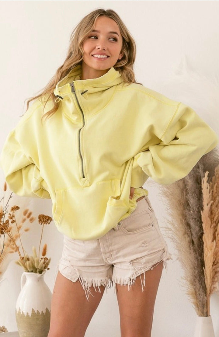 Stitch Detailed Elastic Hem Half Zip Fleece Hoodie - eloise boutique