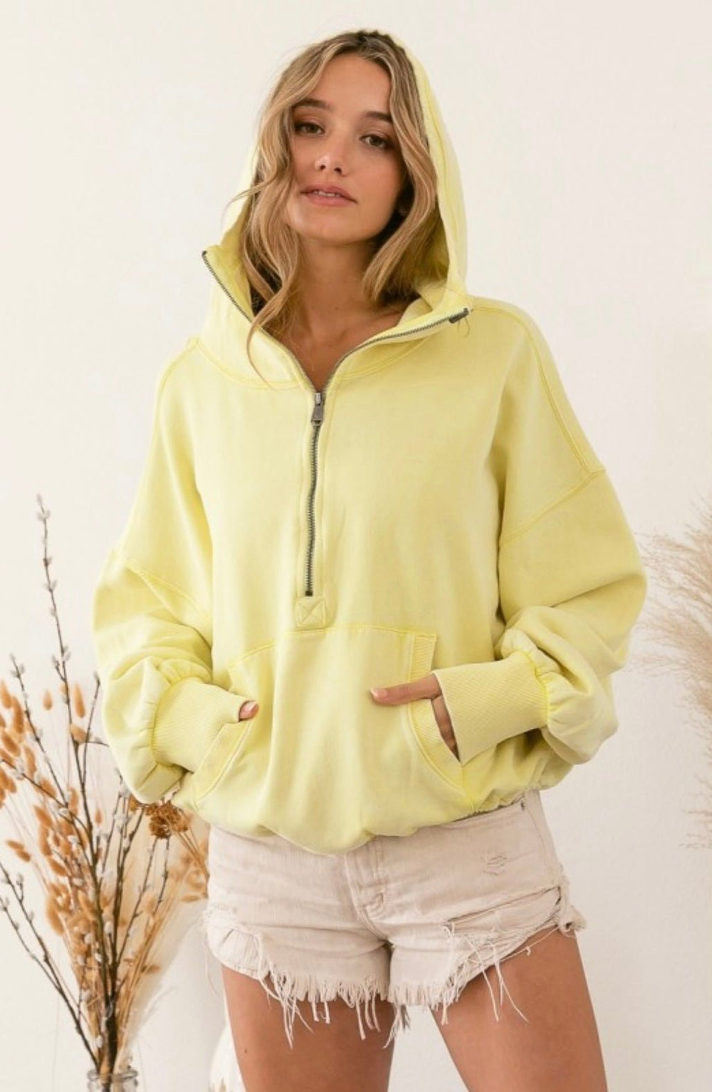 Stitch Detailed Elastic Hem Half Zip Fleece Hoodie - eloise boutique