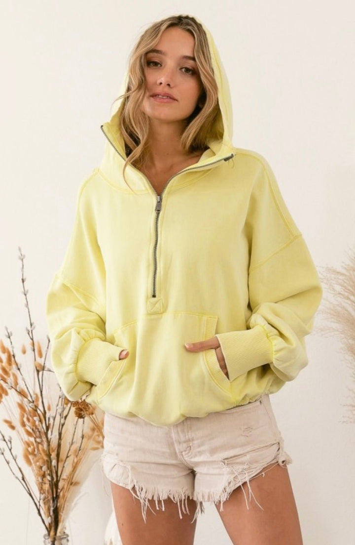 Stitch Detailed Elastic Hem Half Zip Fleece Hoodie - eloise boutique