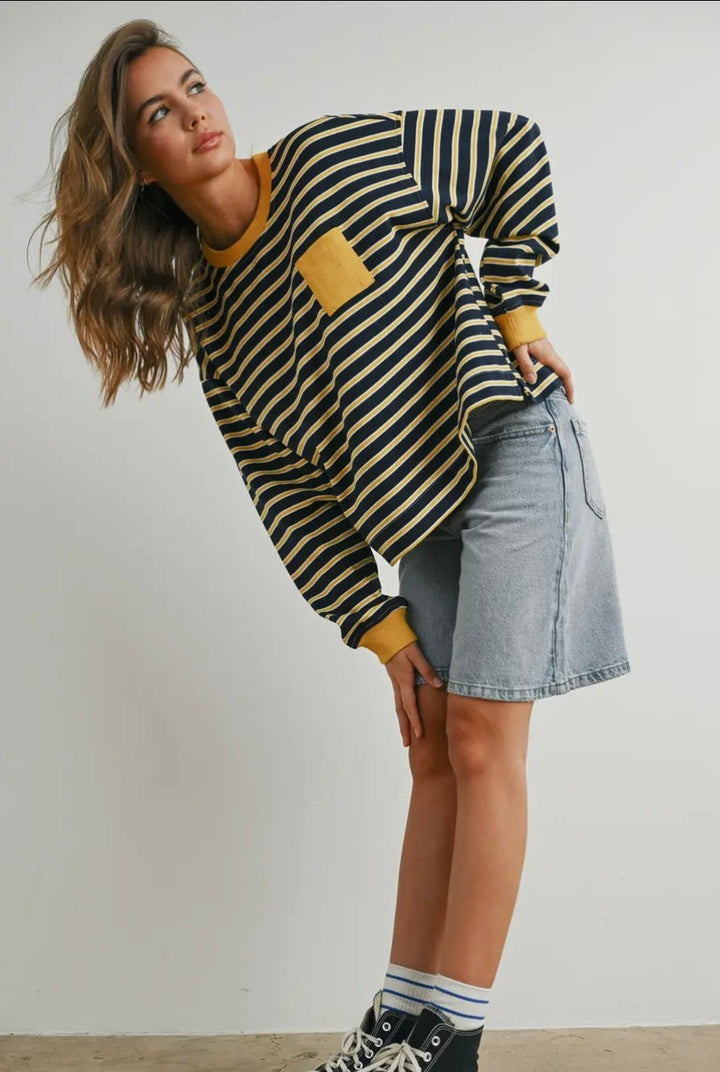 Striped Crew Neck Long Sleeve Top - eloise boutique