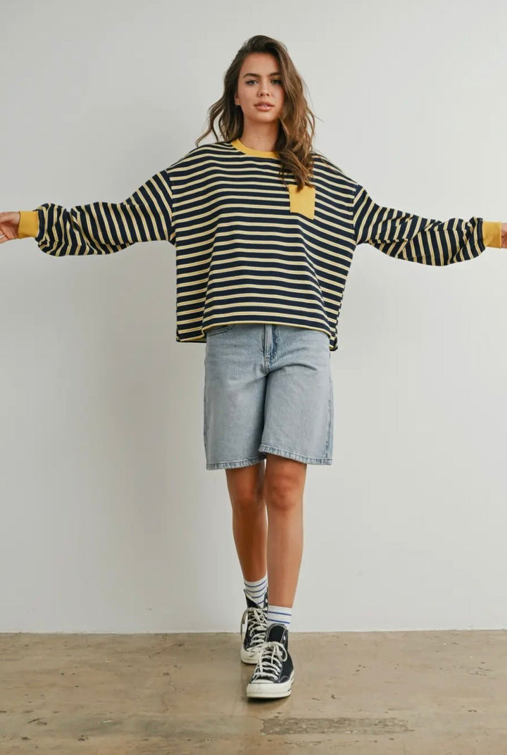 Striped Crew Neck Long Sleeve Top - eloise boutique