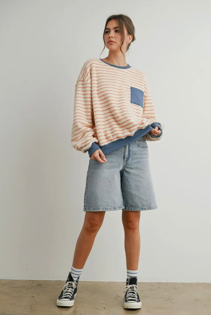 Striped Oversized Crewneck Long Sleeve Sweater - eloise boutique