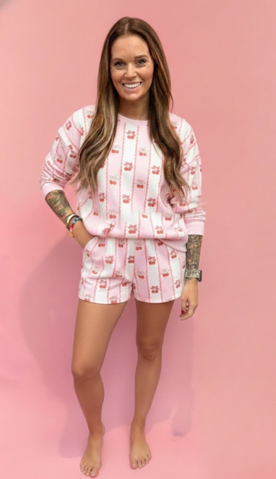 Sweetest Dreams: Cherry Bow Stripe Lounge Set - eloise boutique