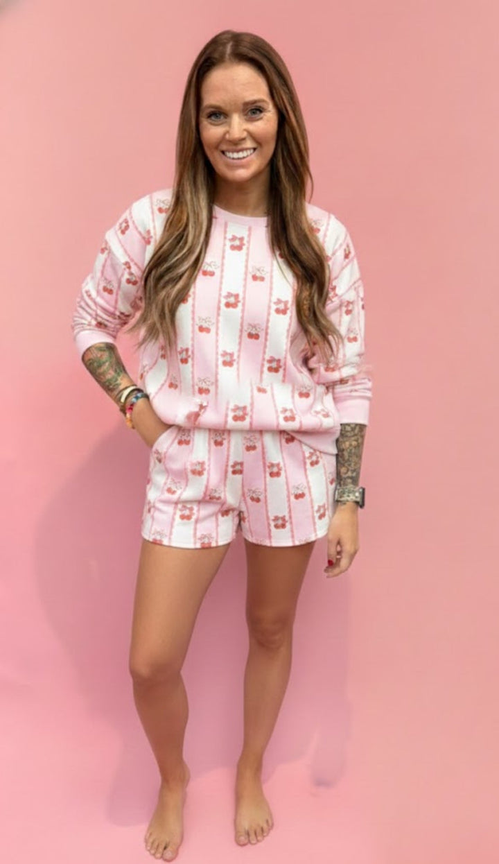 Sweetest Dreams: Cherry Bow Stripe Lounge Set - eloise boutique