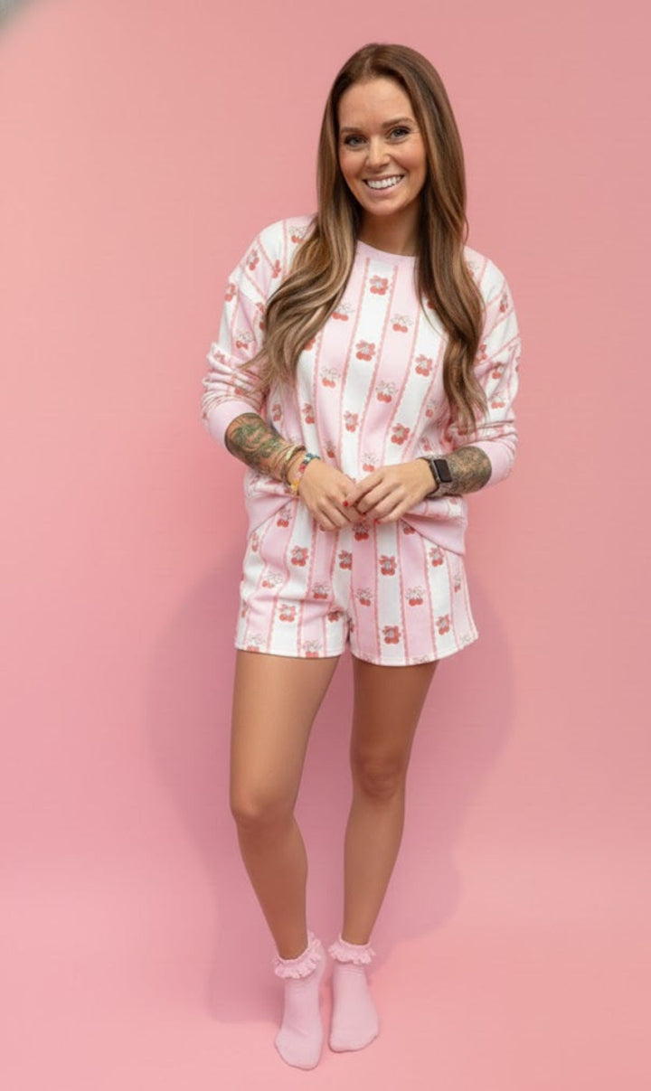Sweetest Dreams: Cherry Bow Stripe Lounge Set - eloise boutique