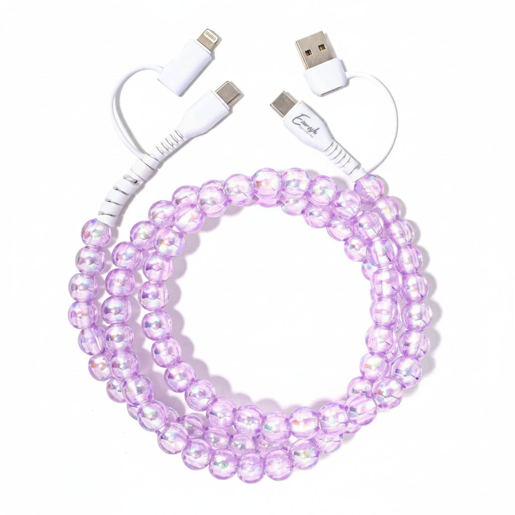purple beaded phone charger on white background