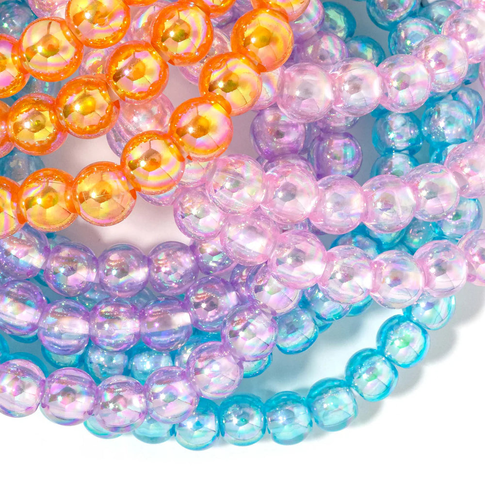 Colorful beaded strands in orange, pink, purple, and blue on a white background