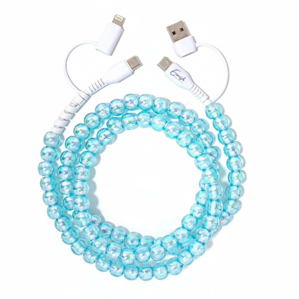 Blue beaded cable with white connectors on a white background
