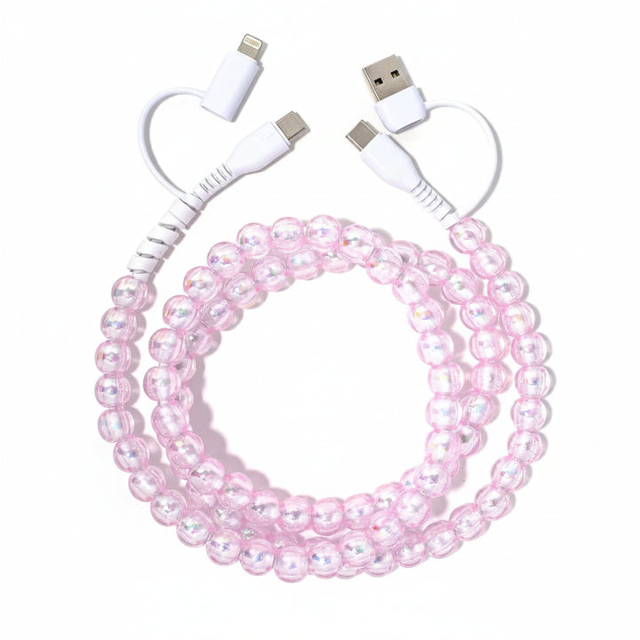 Pink beaded charging cable with multiple connectors on a white background