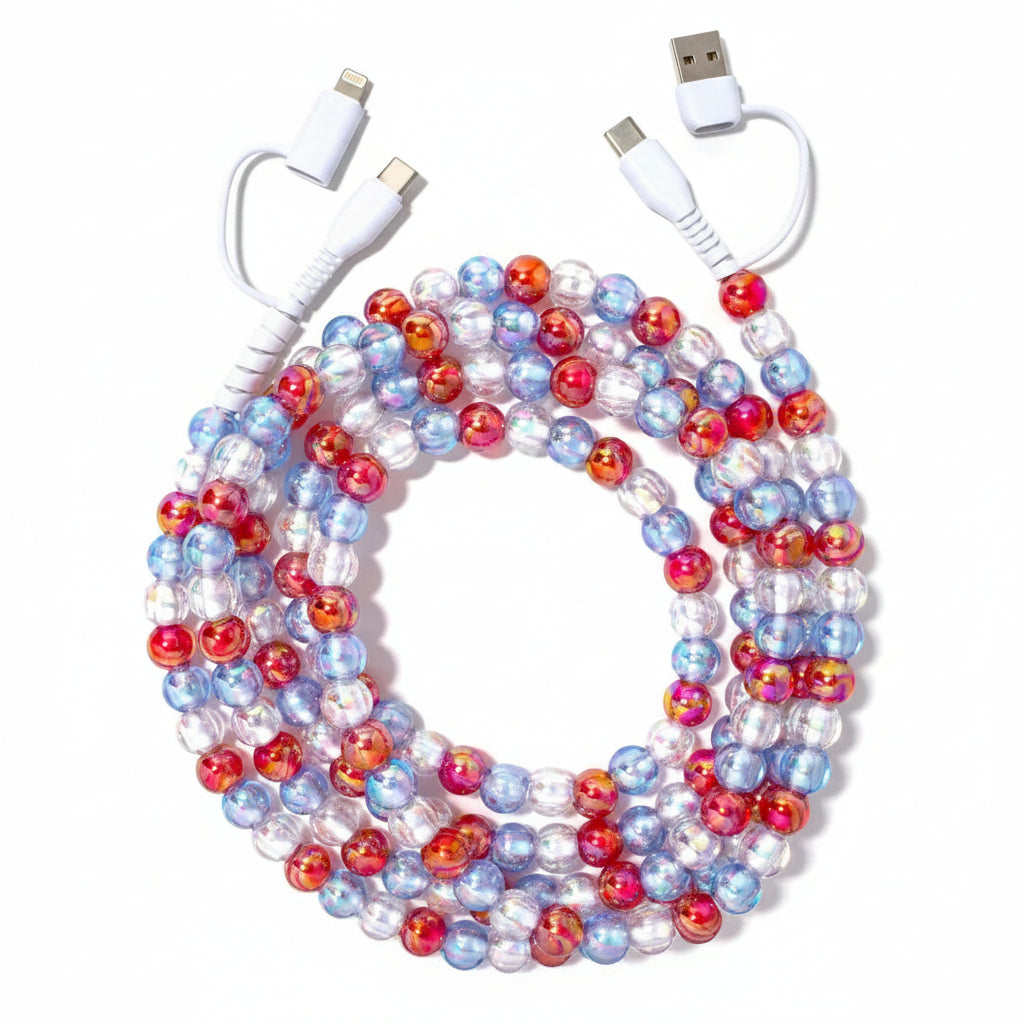 red, white and blue beaded phone charger on white background