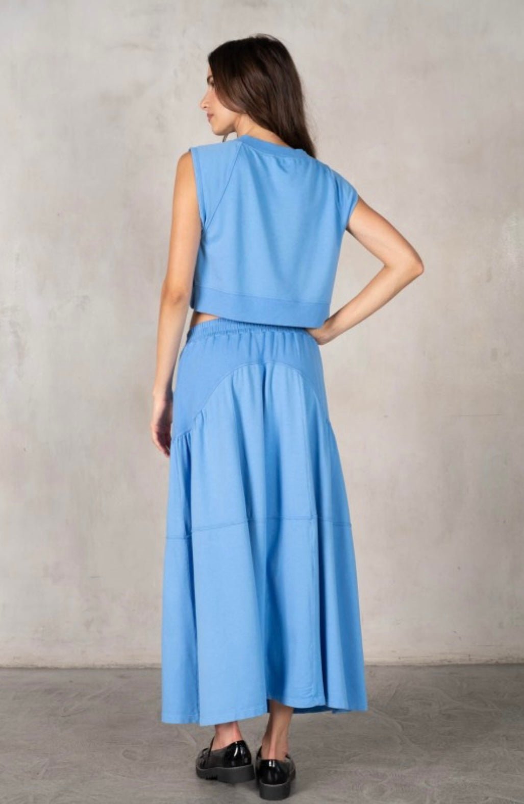 Terry Midi Skirt With Contrast Rib Detail and Terry Crew Neck Cropped Muscle Tank Set - eloise boutique
