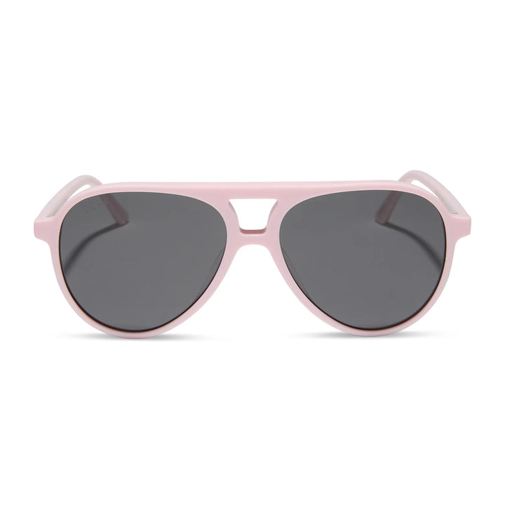 Pink sunglasses with dark lenses on a white background