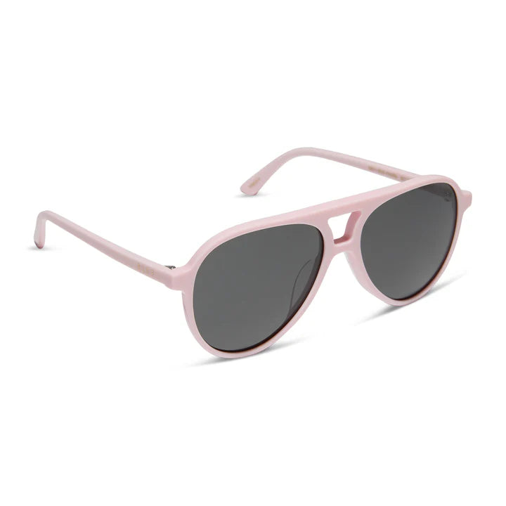 Pink sunglasses with dark lenses on a white background