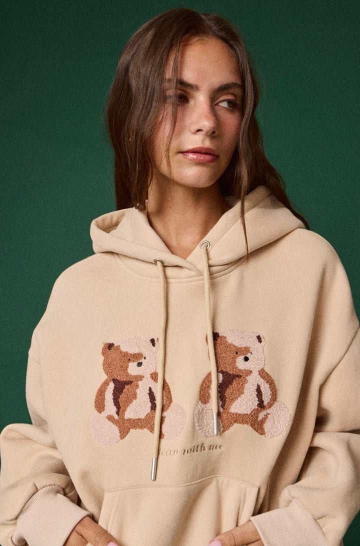 Twin Teddy Bear Embroidered Appliqué Hoodie - eloise boutique