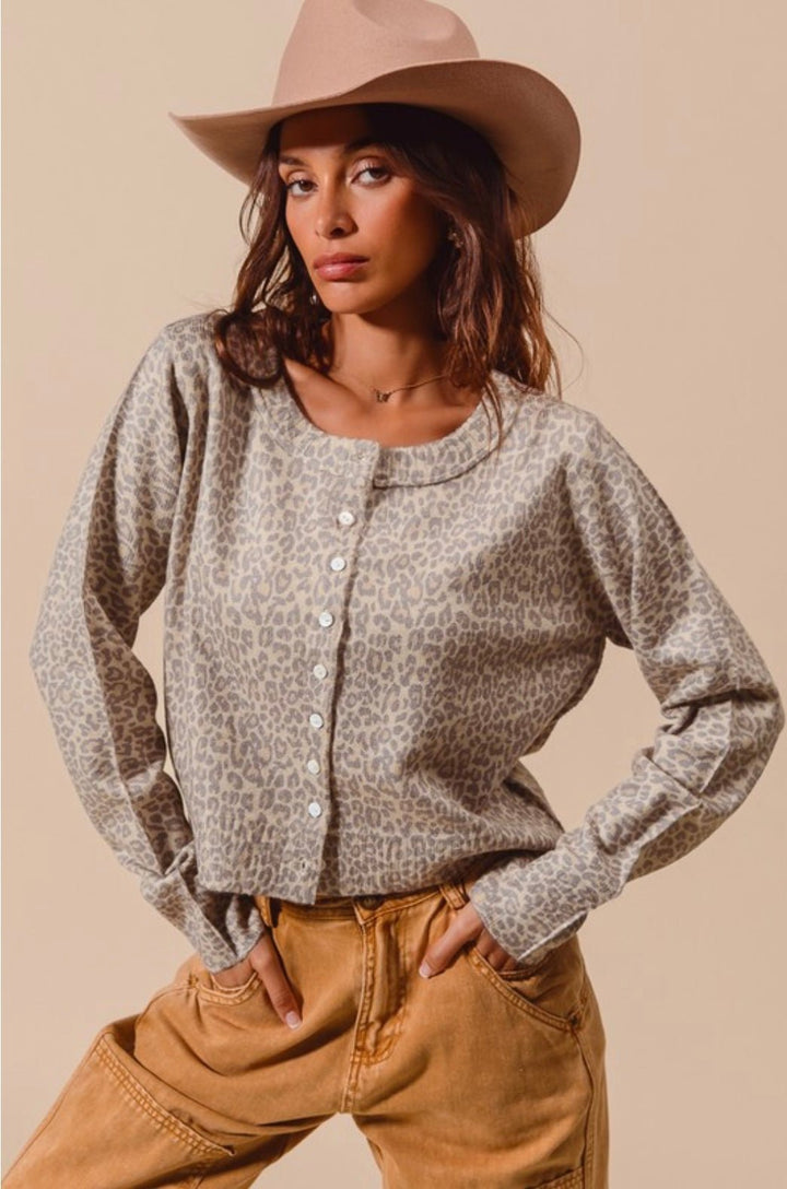 Two Tone Leopard Vintage Print Button Up Sweater Cardigan - eloise boutique