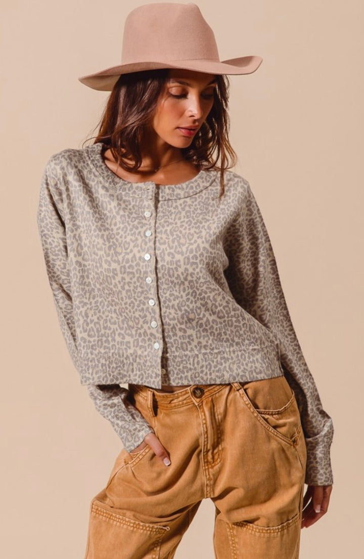 Two Tone Leopard Vintage Print Button Up Sweater Cardigan - eloise boutique