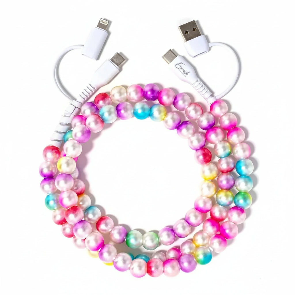 Colorful beaded cable with white connectors on a white background