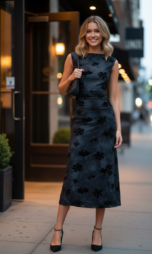 woman wearing floral dress on city street