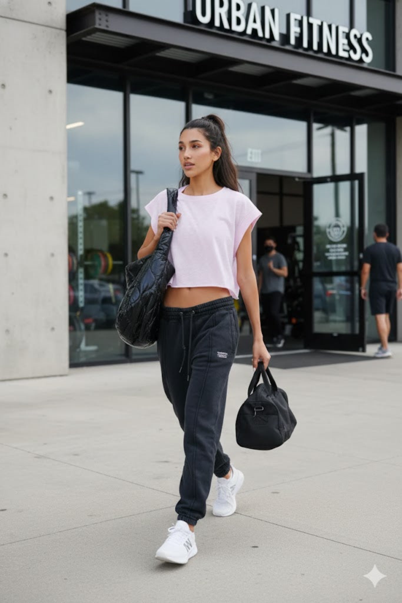 woman walking outside gym with pink tshirt on
