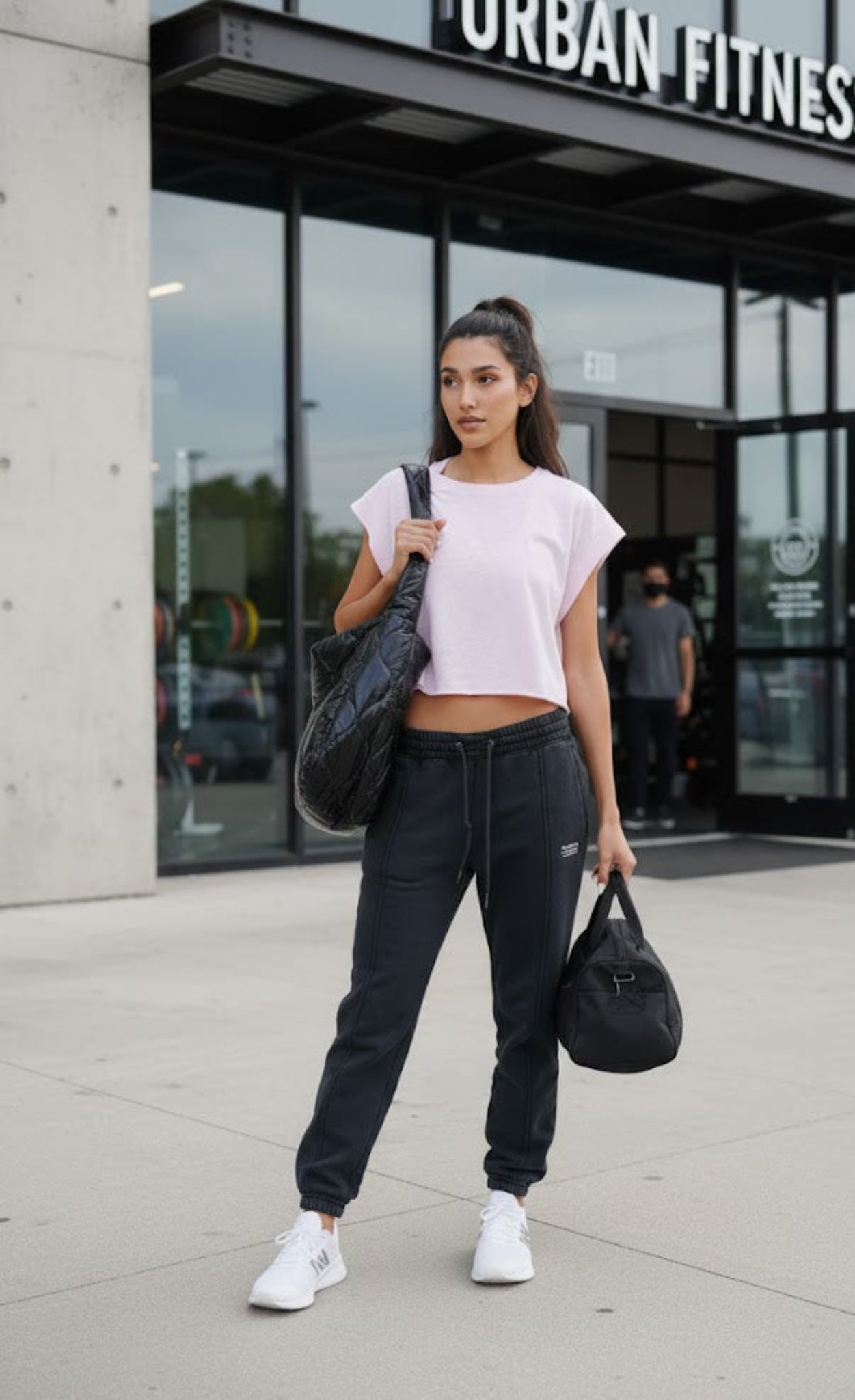 woman walking outside gym with pink tshirt on
