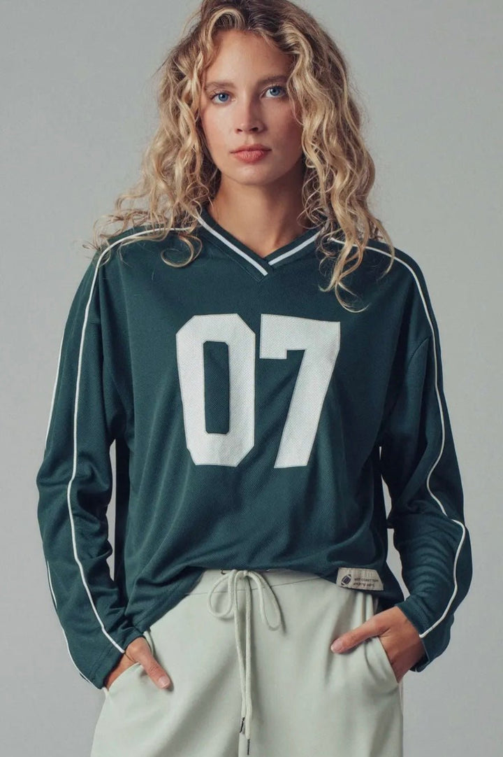 Varsity 07 Graphic V - Neck Jersey Top - eloise boutique