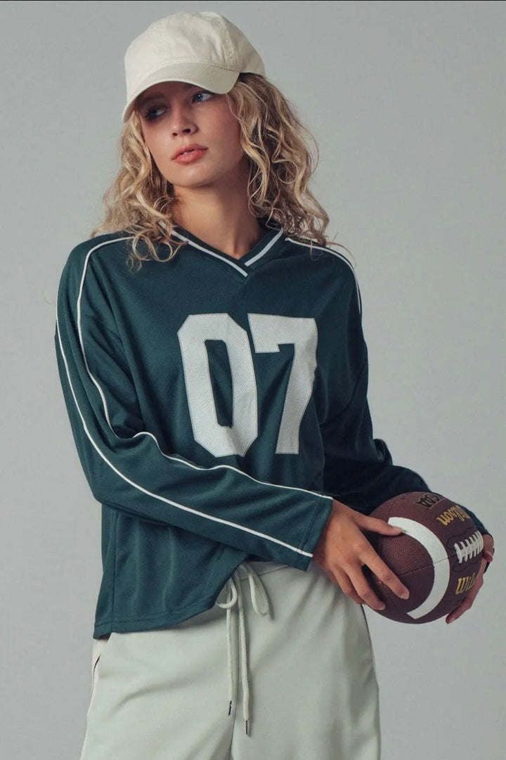 Varsity 07 Graphic V - Neck Jersey Top - eloise boutique