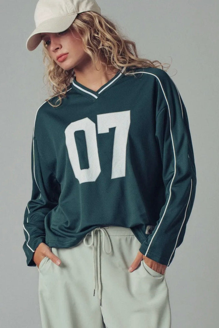 Varsity 07 Graphic V - Neck Jersey Top - eloise boutique