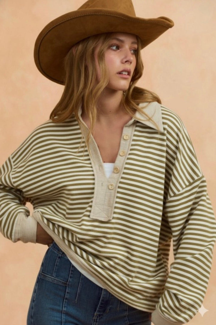 Vintage Loose Fit Collared Stripe Top - eloise boutique