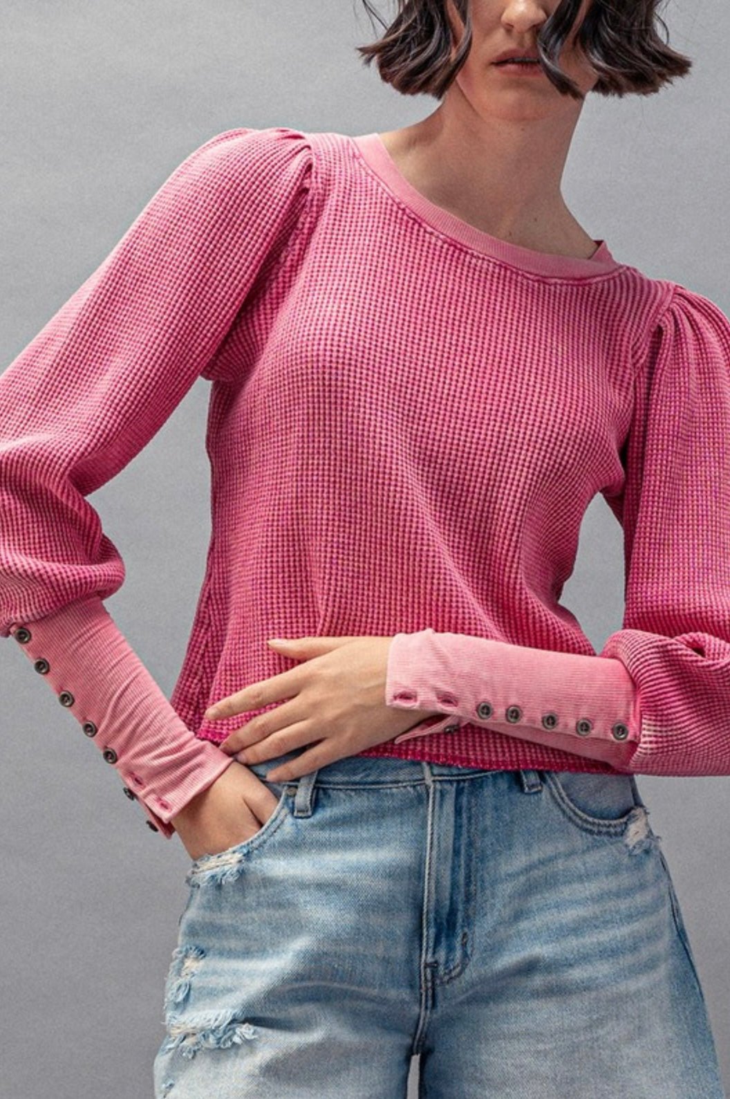 Waffle Knit Puff Sleeve Top - eloise boutique