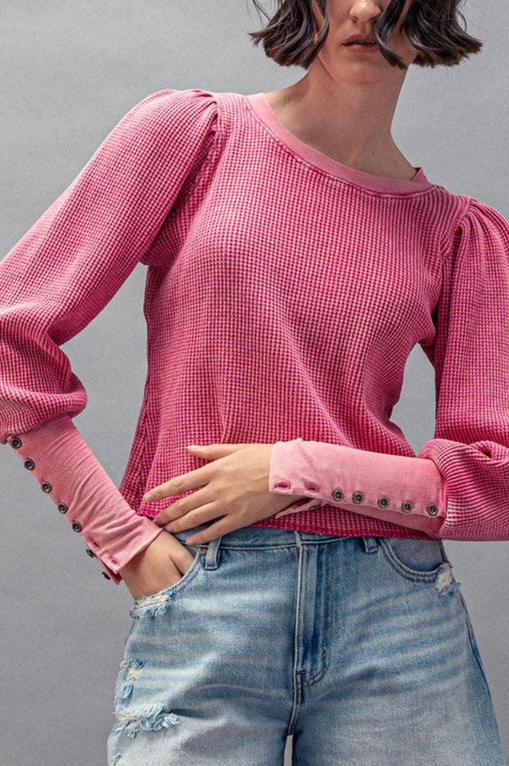 Waffle Knit Puff Sleeve Top - eloise boutique