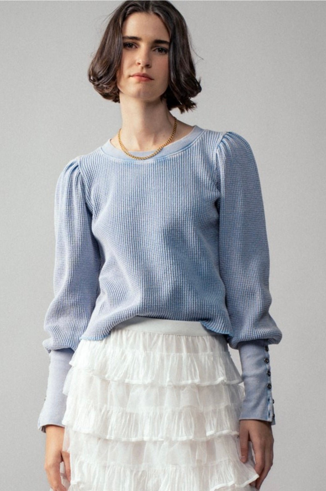 Waffle Knit Puff Sleeve Top - eloise boutique