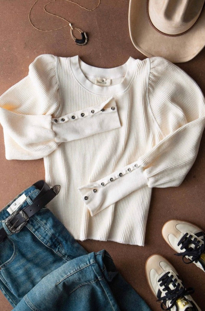 Waffle Knit Puff Sleeve Top - eloise boutique