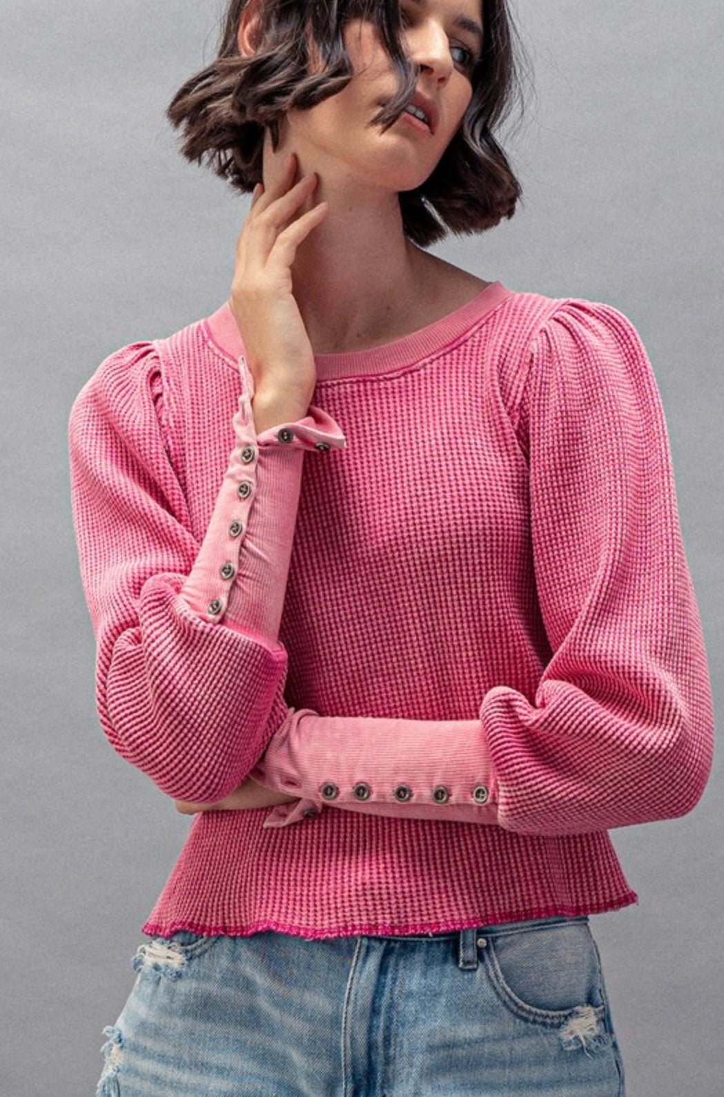 Waffle Knit Puff Sleeve Top - eloise boutique