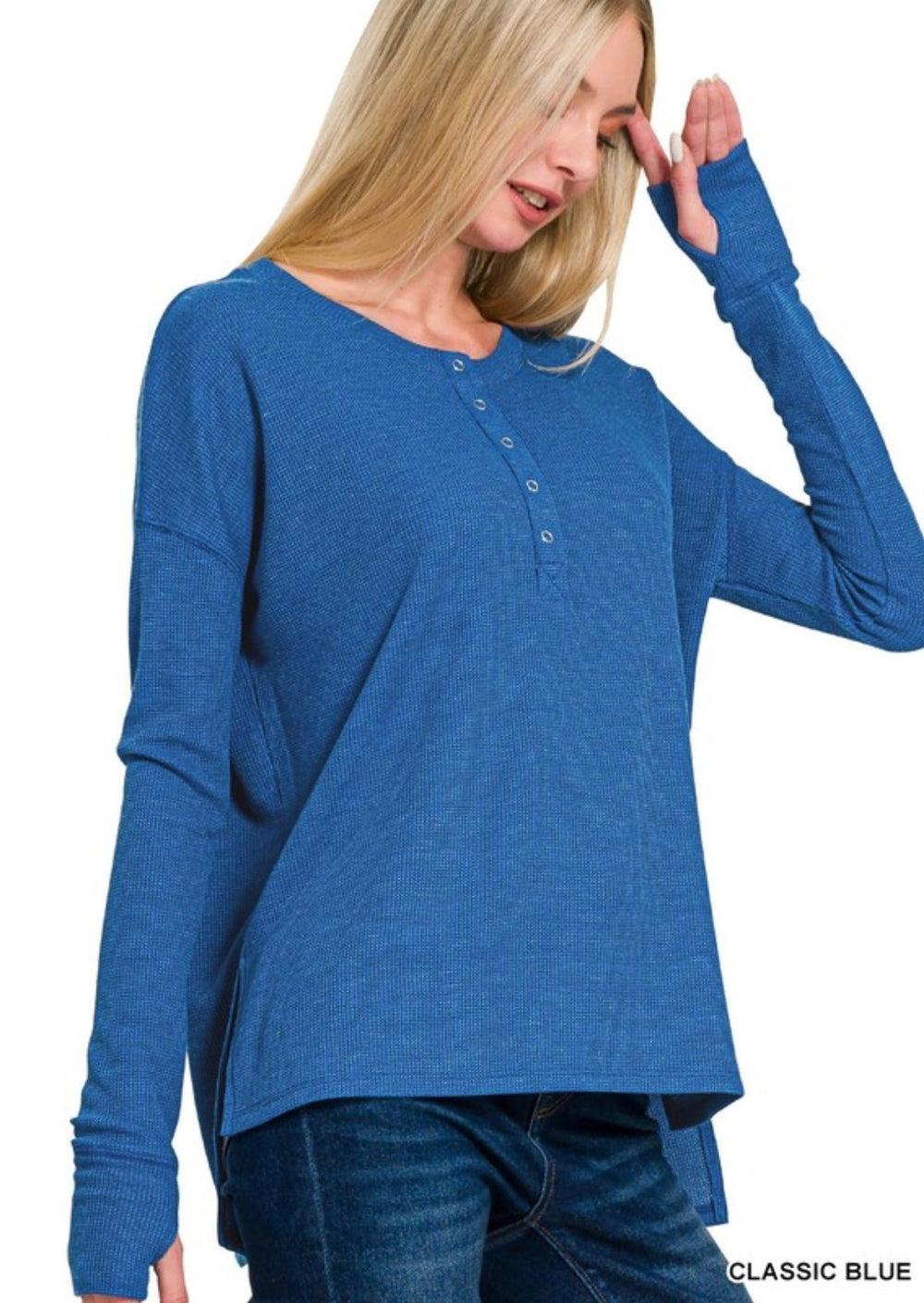 Waffle Thumb Hole Cuffs Henley Tee - eloise boutique