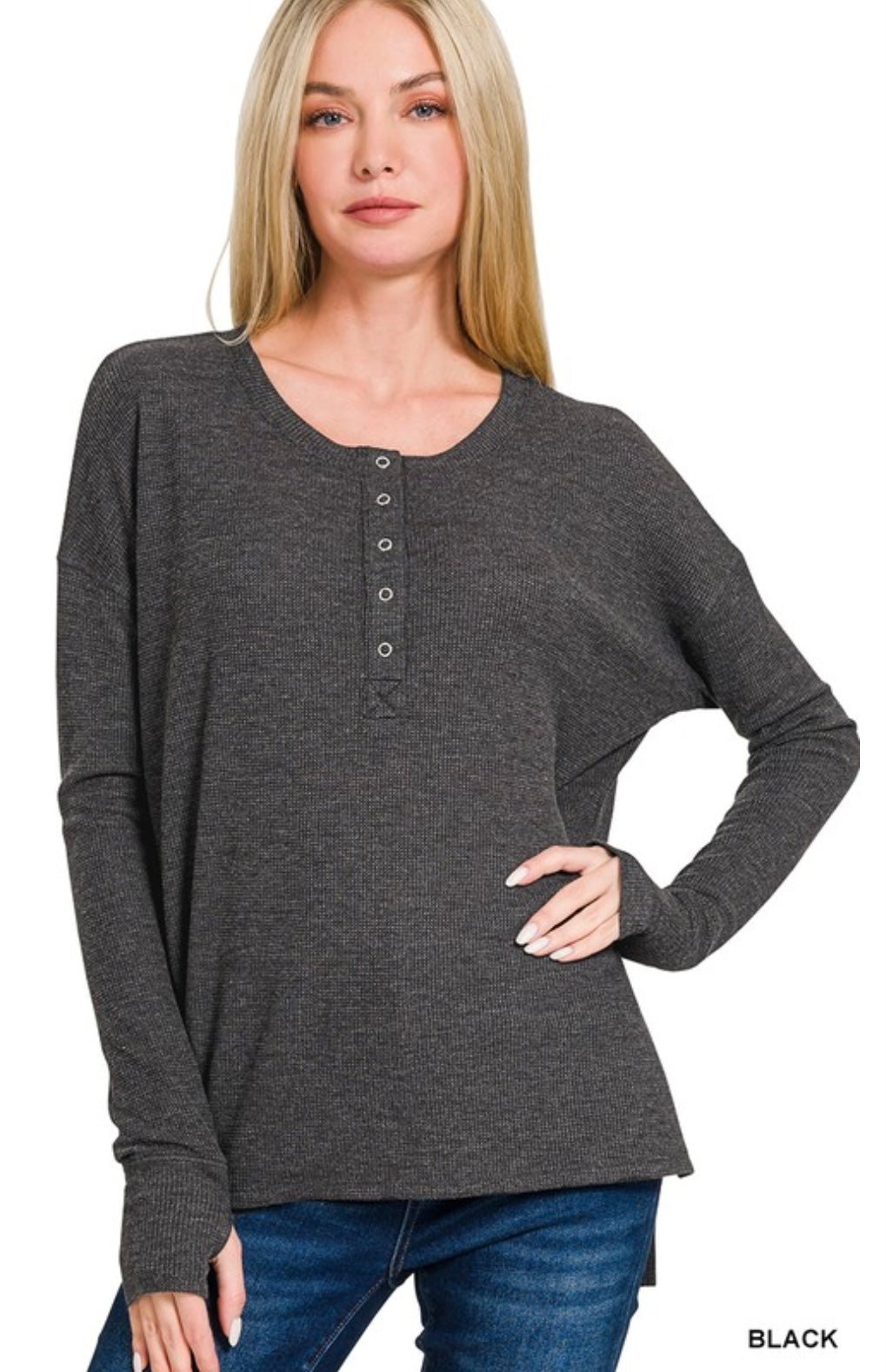 Waffle Thumb Hole Cuffs Henley Tee - eloise boutique